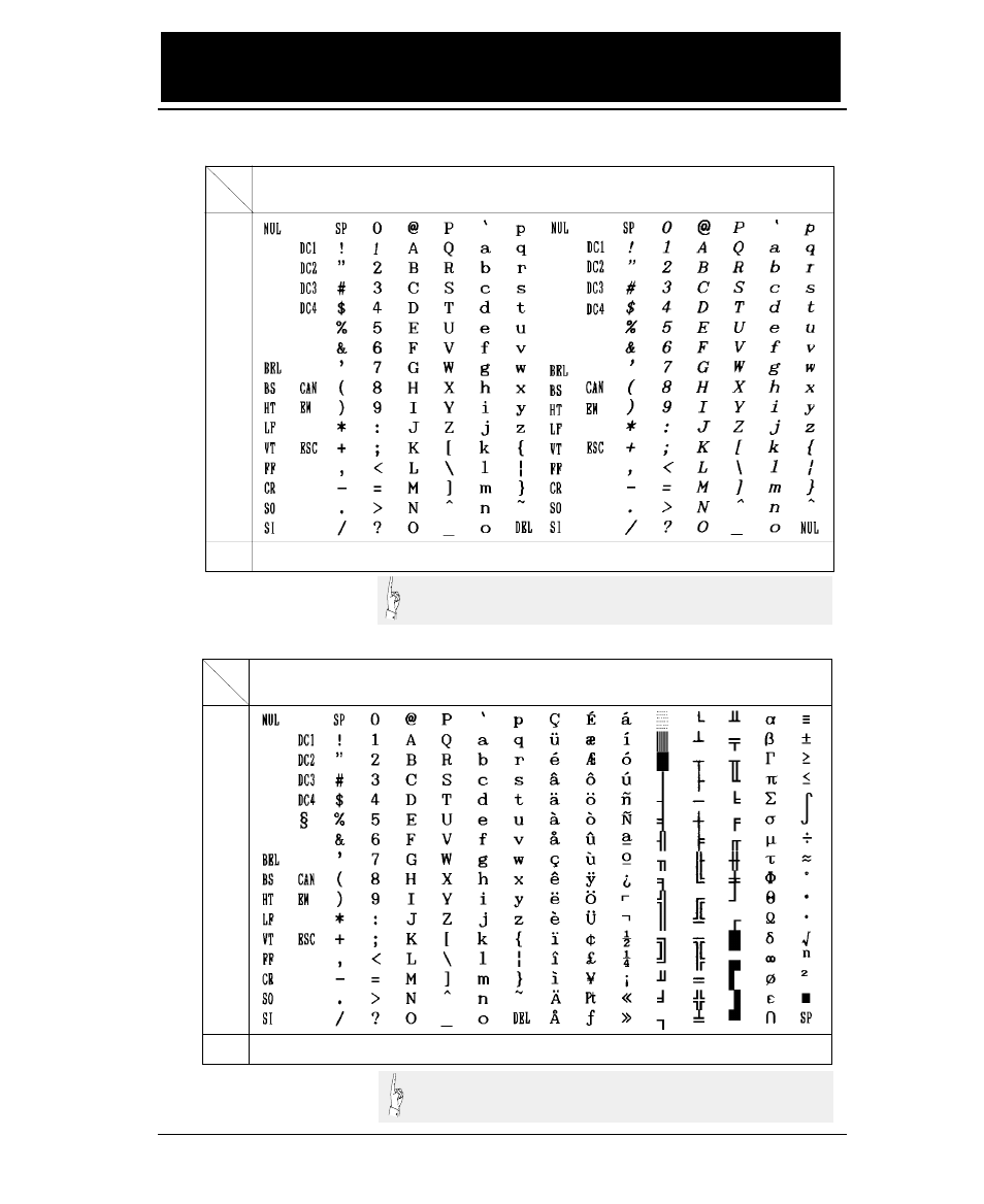 Character set table, Epson italic table, Epson extenced graphic table | Seiko FB-900 User Manual | Page 225 / 243