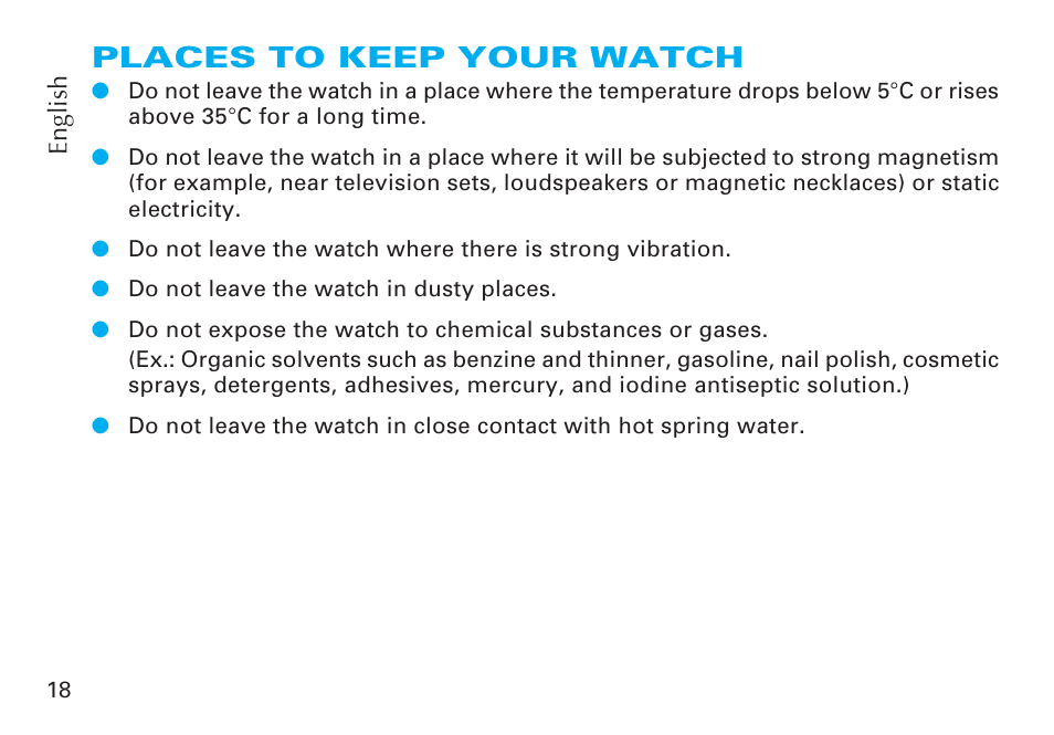 Places to keep your watch | Seiko CAL. 6R20 User Manual | Page 18 / 23