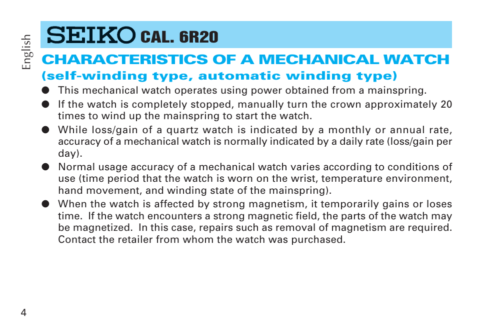 Cal. 6r20, Characteristics of a mechanical watch | Seiko CAL. 6R20 User Manual | Page 4 / 23