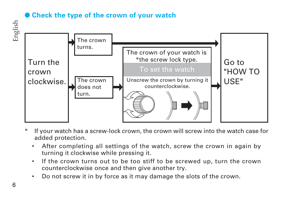 Turn the crown clockwise, Go to "how to use | Seiko CAL. 6R20 User Manual | Page 6 / 23
