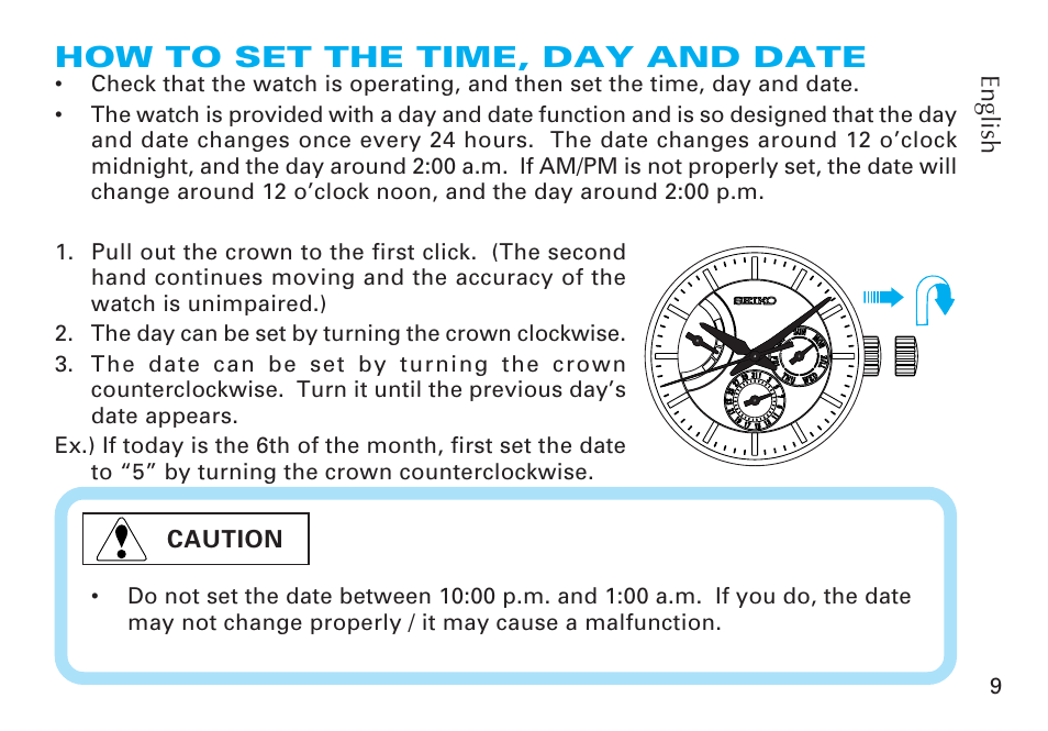 How to set the time, day and date | Seiko CAL. 6R20 User Manual | Page 9 / 23