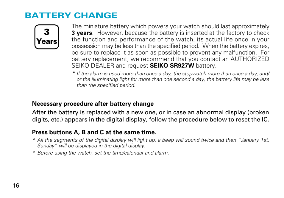 Battery change, Years | Seiko V072 User Manual | Page 16 / 22