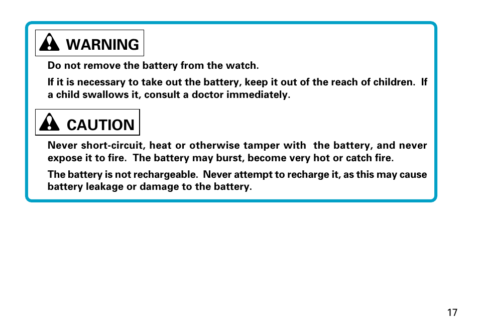 Caution, Warning | Seiko V072 User Manual | Page 17 / 22