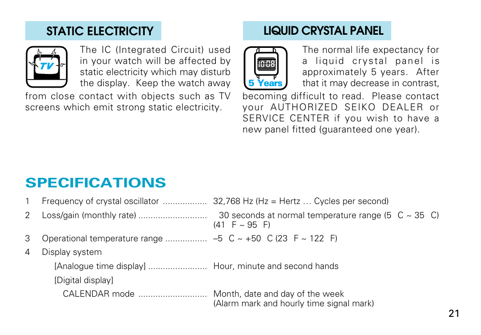 Specifications, English ■ liquid crystal panel, Static electricity | Seiko V072 User Manual | Page 21 / 22