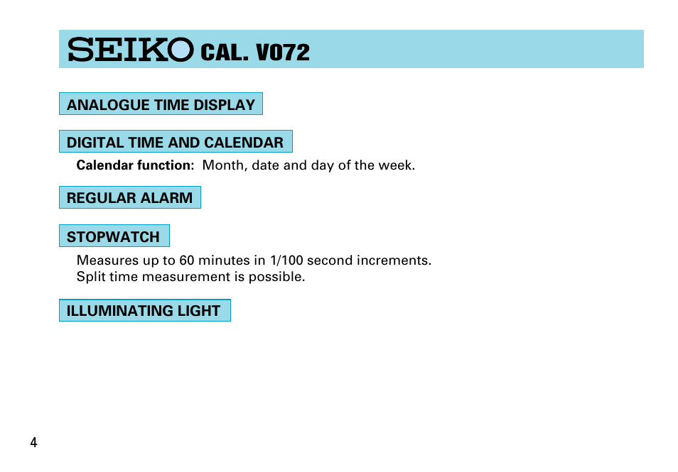 Cal. v072 | Seiko V072 User Manual | Page 4 / 22