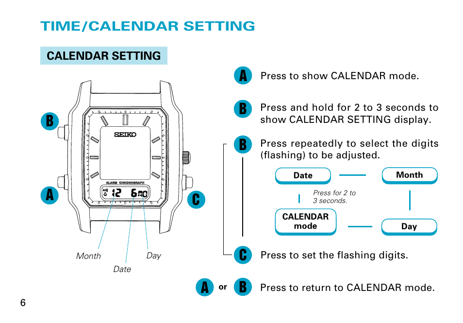 Ba c, Time/calendar setting | Seiko V072 User Manual | Page 6 / 22