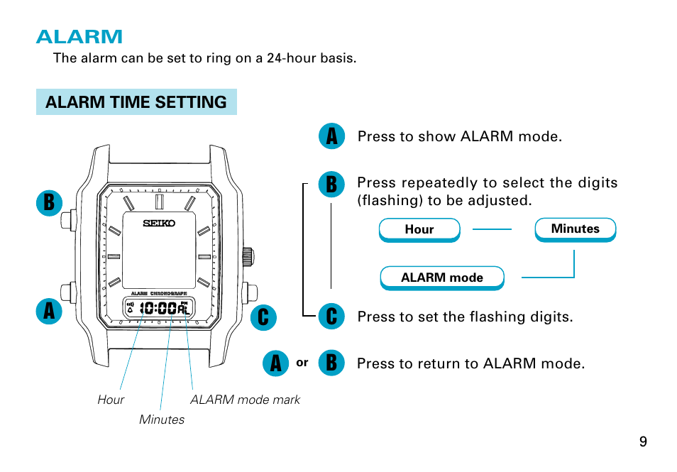 Ba c, Alarm | Seiko V072 User Manual | Page 9 / 22