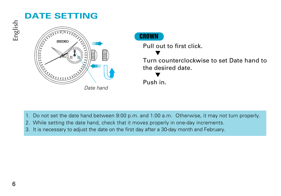 Date setting | Seiko 5Y66 User Manual | Page 6 / 9
