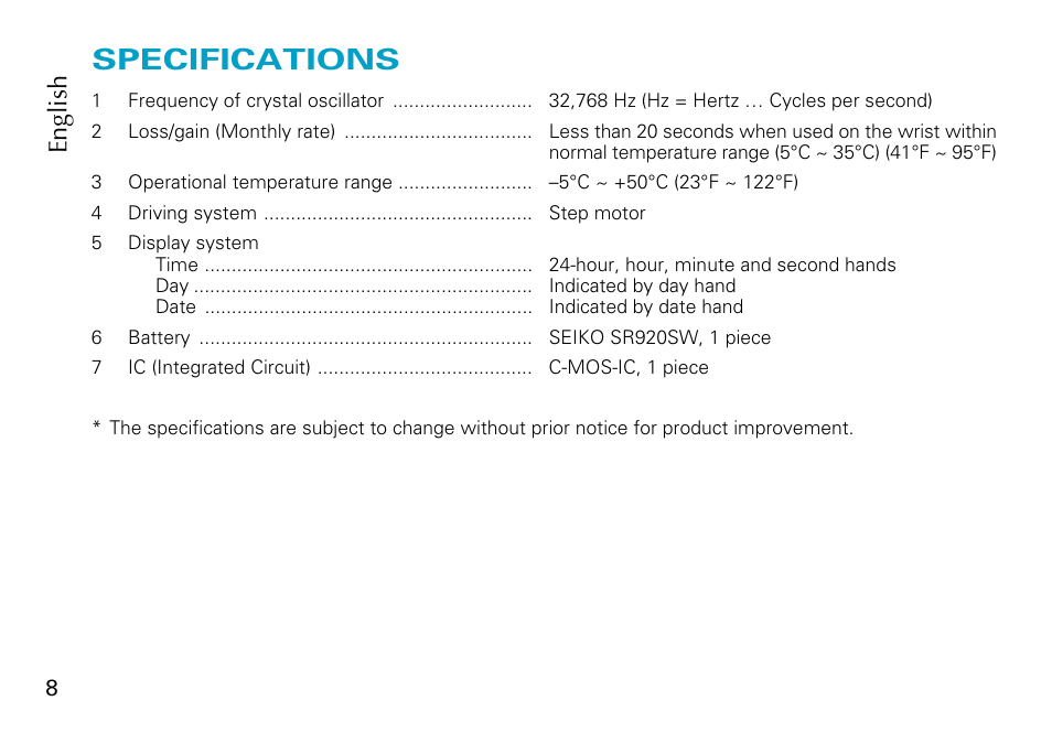 Specifications, English | Seiko 5Y66 User Manual | Page 8 / 9