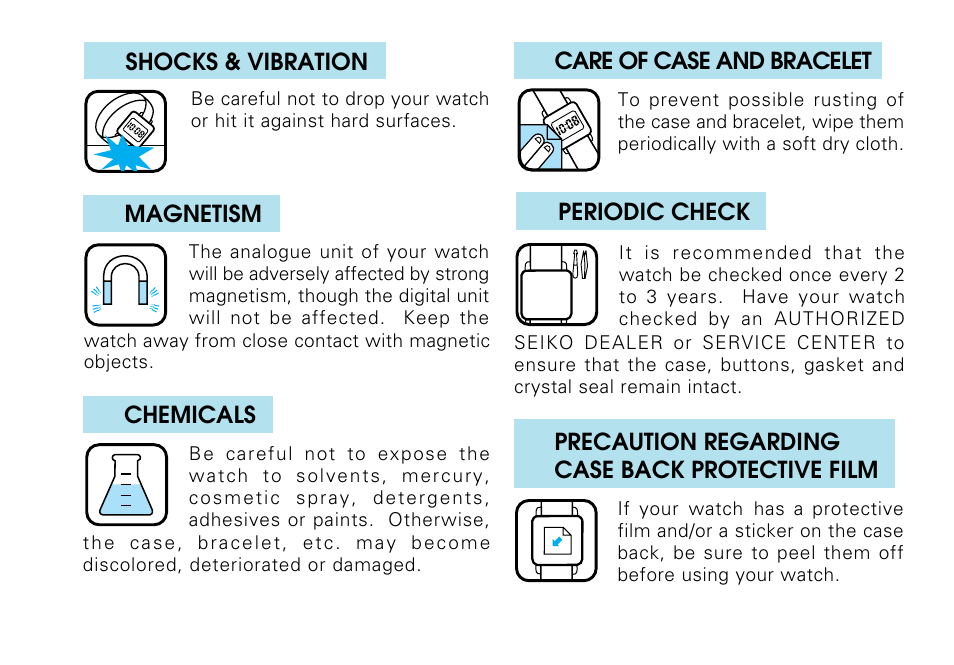 English, Care of case and bracelet, Periodic check | Shocks & vibration, Magnetism, Chemicals, Precaution regarding case back protective film | Seiko H023 User Manual | Page 30 / 34
