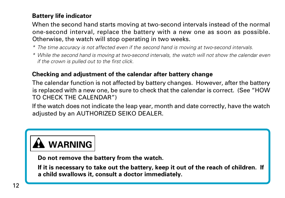 Warning | Seiko 8F33 User Manual | Page 12 / 13
