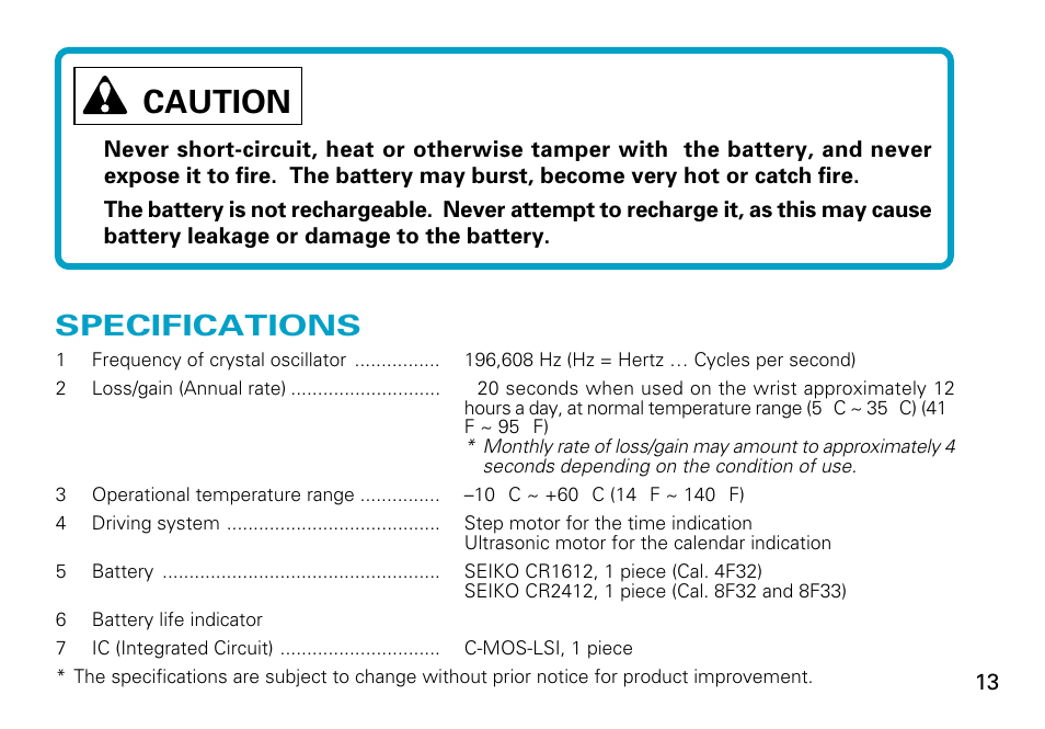Caution, Specifications, English | Seiko 8F33 User Manual | Page 13 / 13