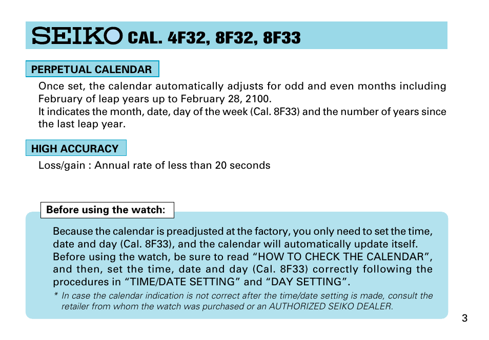 Seiko 8F33 User Manual | Page 3 / 13