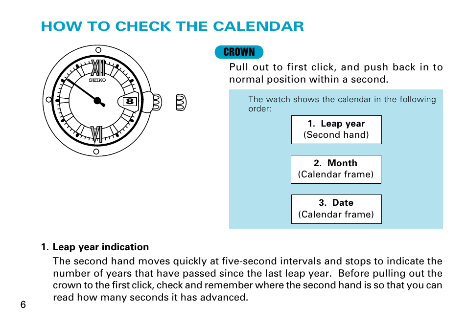 How to check the calendar | Seiko 8F33 User Manual | Page 6 / 13