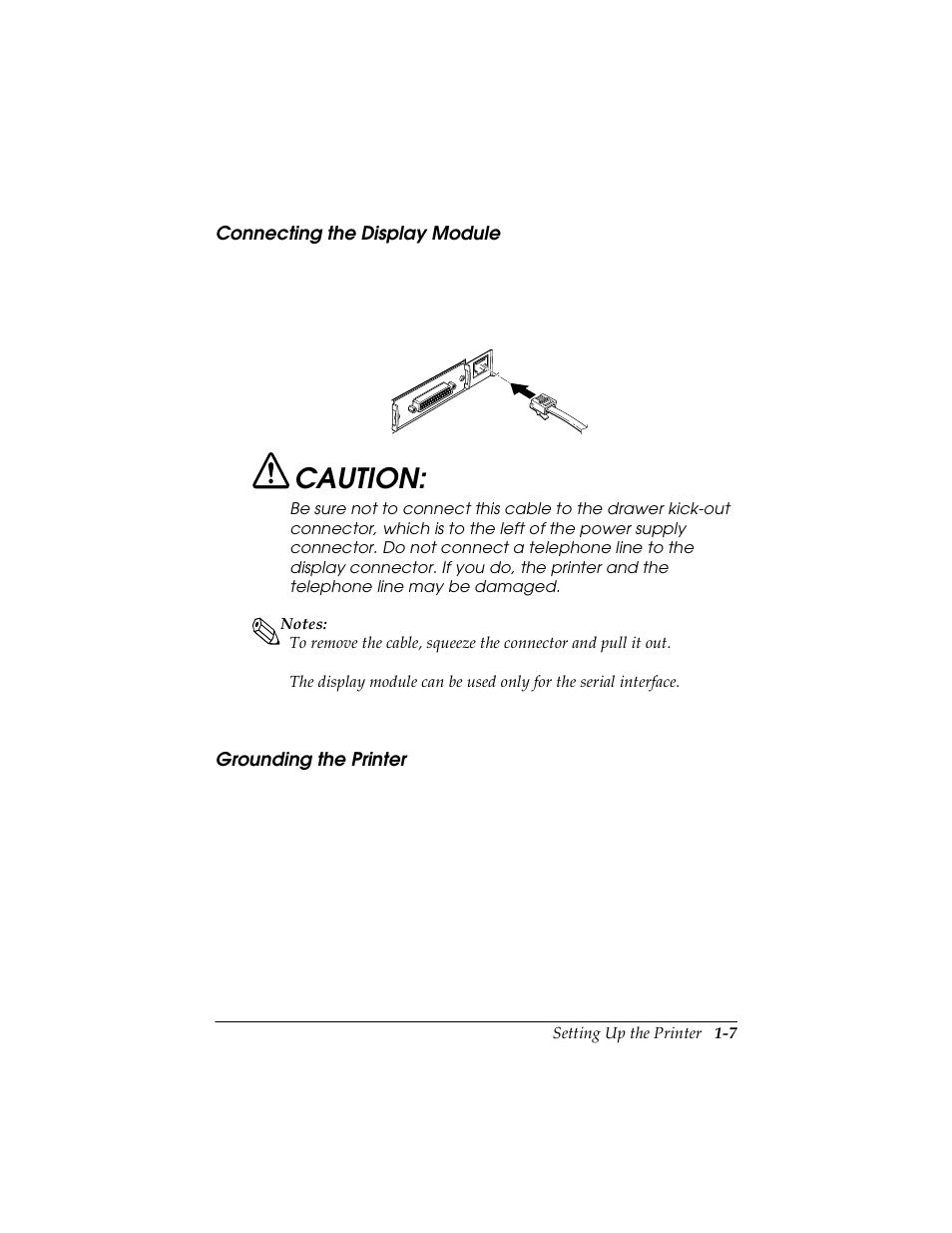 Connecting the display module, Grounding the printer, Caution | Seiko TM-U590/U590P User Manual | Page 19 / 54