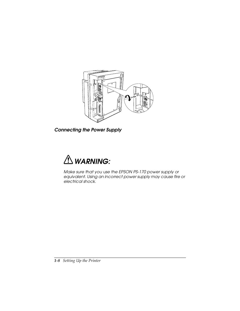 Connecting the power supply, Connecting the power supply -8, Warning | Seiko TM-U590/U590P User Manual | Page 20 / 54