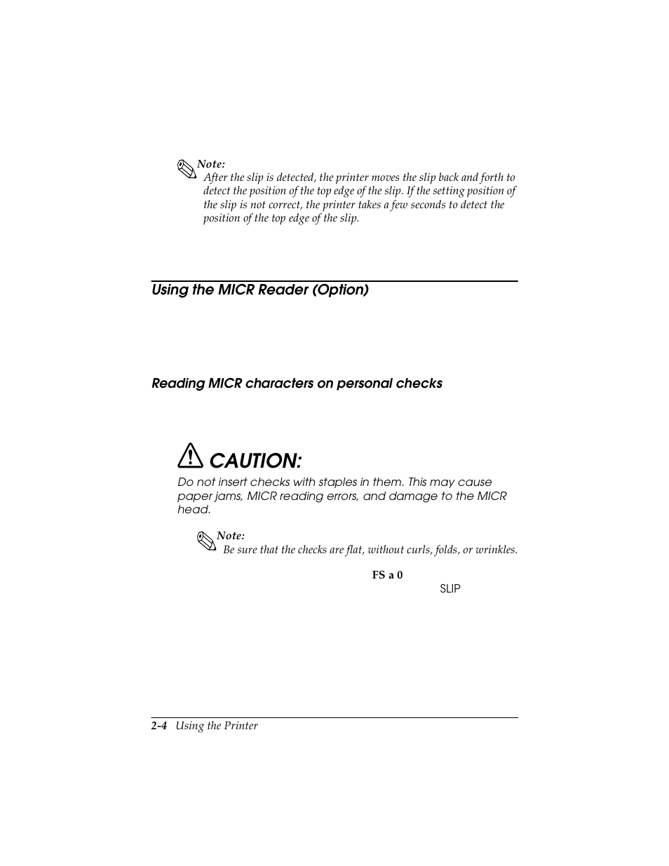 Using the micr reader (option), Reading micr characters on personal checks, Using the micr reader (option) -4 | Reading micr characters on personal checks -4, Caution | Seiko TM-U590/U590P User Manual | Page 31 / 54