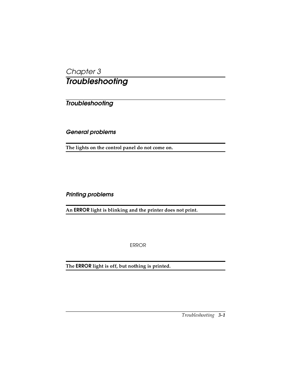 Chapter 3 troubleshooting, Troubleshooting, General problems | Printing problems, Troubleshooting -1, General problems -1 printing problems -1, Chapter 3 | Seiko TM-U590/U590P User Manual | Page 33 / 54