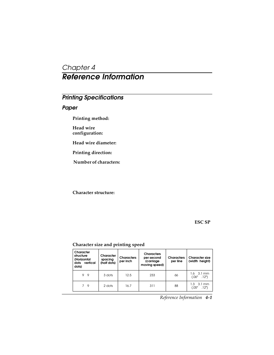 Chapter 4 reference information, Printing specifications, Paper | Printing specifications -1, Paper -1, Reference information, Chapter 4 | Seiko TM-U590/U590P User Manual | Page 39 / 54