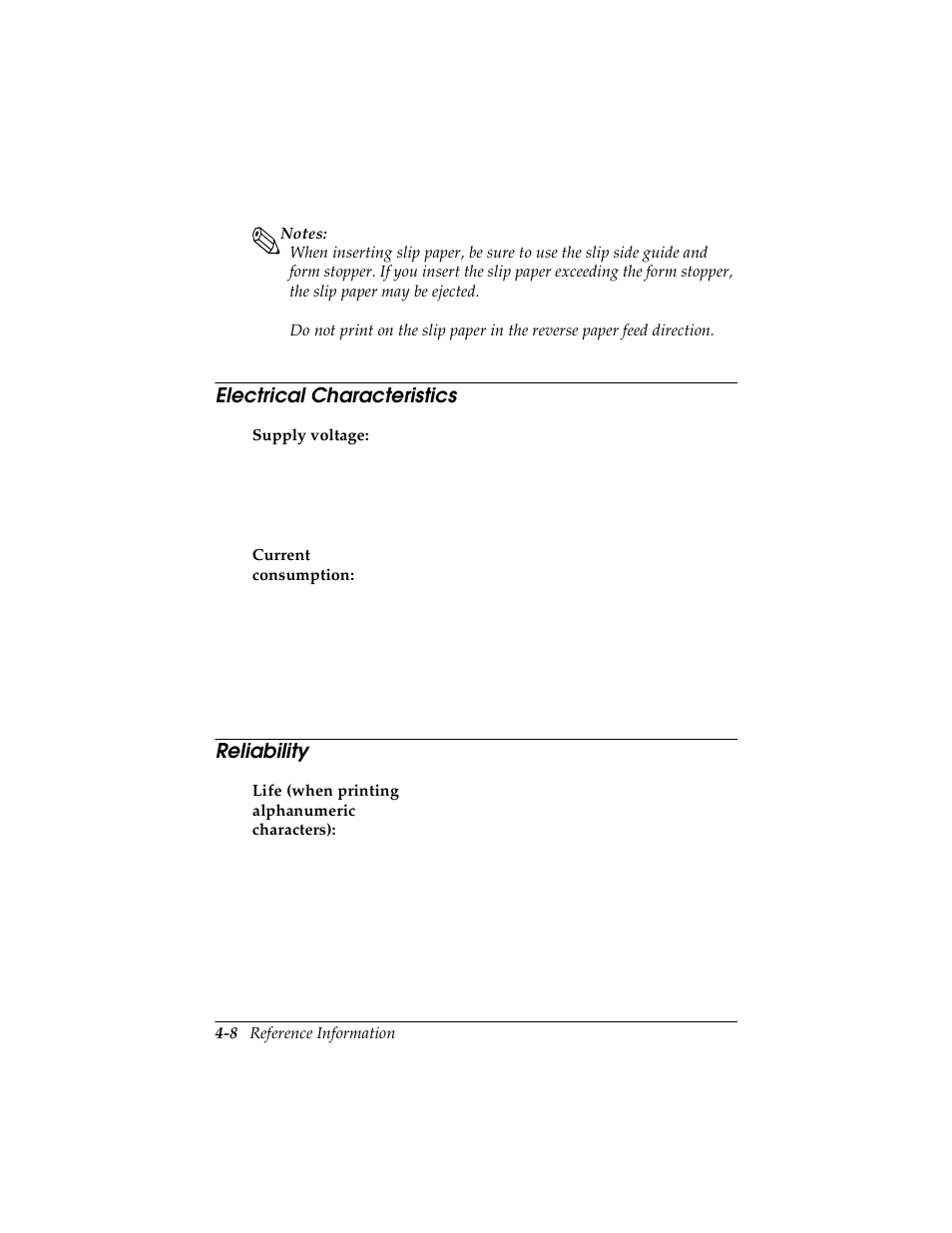 Electrical characteristics, Reliability, Electrical characteristics -8 reliability -8 | Electrical characteristics reliability | Seiko TM-U590/U590P User Manual | Page 46 / 54