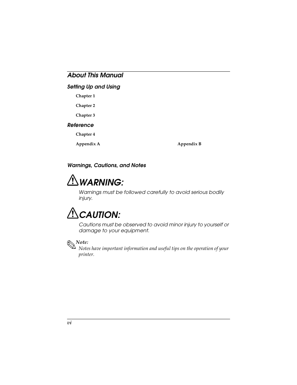 About this manual, Warning, Caution | Seiko TM-U590/U590P User Manual | Page 8 / 54