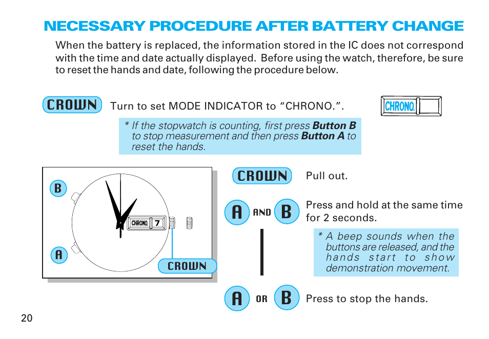 Necessary procedure after battery change | Seiko 6M25 User Manual | Page 20 / 29