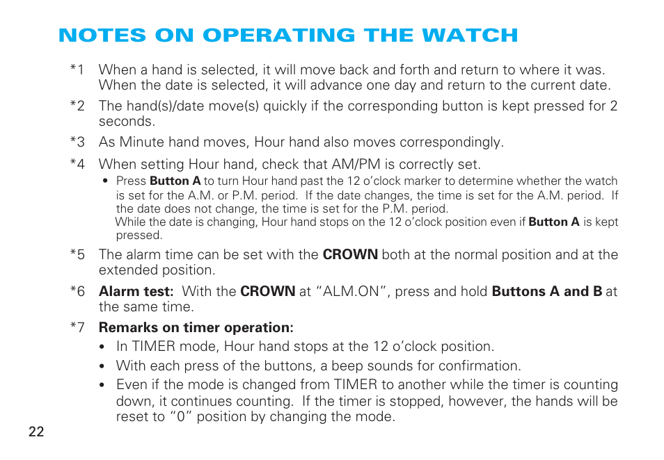 Notes on operating the watch | Seiko 6M25 User Manual | Page 22 / 29