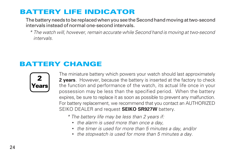 Battery life indicator, Battery change, Battery life indicator battery change | Seiko 6M25 User Manual | Page 24 / 29