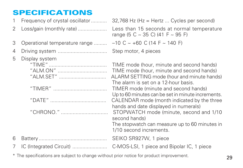 Specifications | Seiko 6M25 User Manual | Page 29 / 29