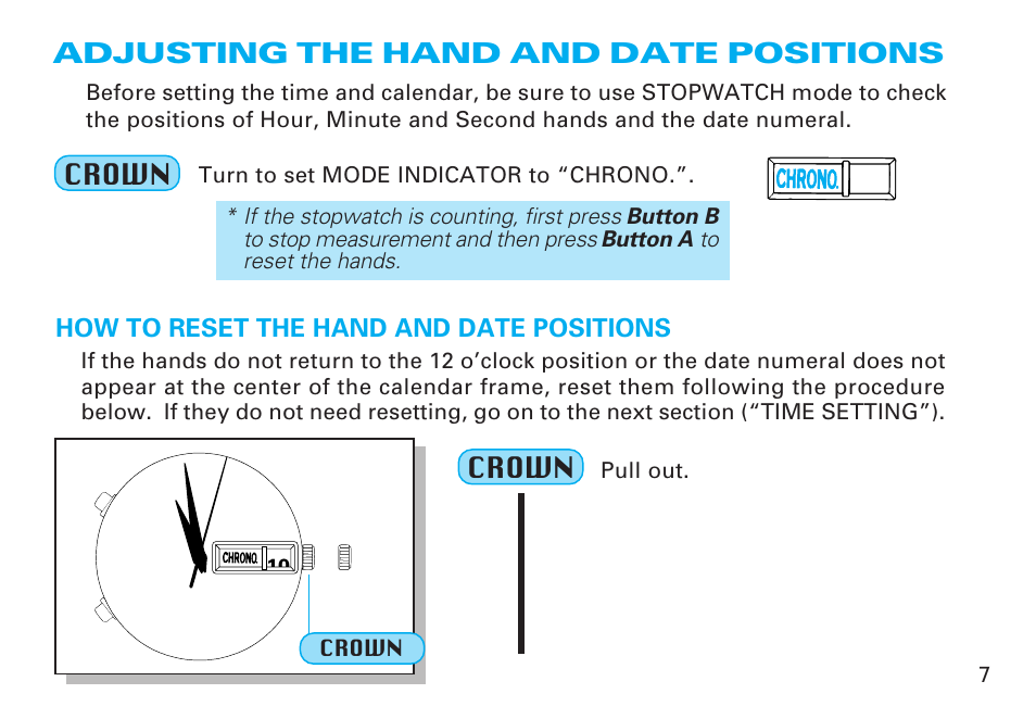 Adjusting the hand and date positions | Seiko 6M25 User Manual | Page 7 / 29