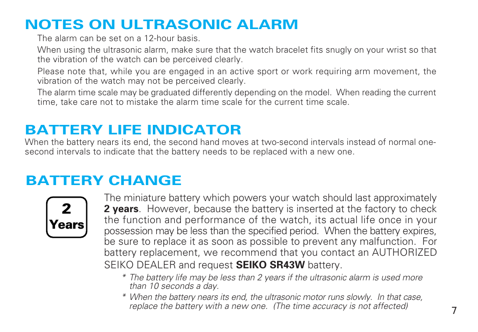 Notes on ultrasonic alarm, Battery life indicator, Battery change | Years | Seiko 8V36 User Manual | Page 7 / 9