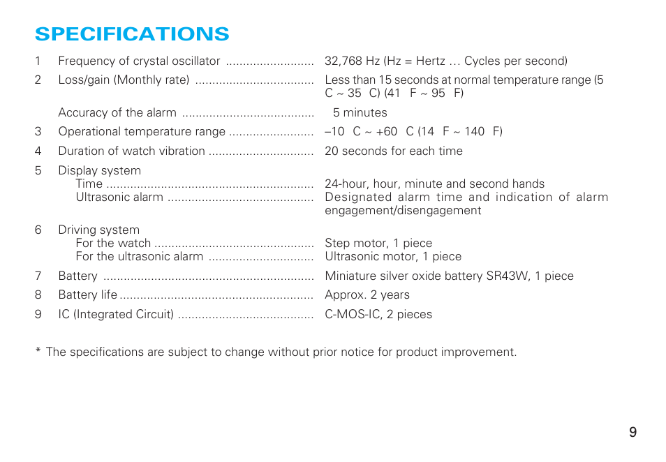 Specifications, English | Seiko 8V36 User Manual | Page 9 / 9