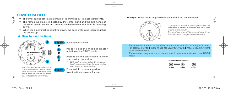 Timer mode, En gl is h, En gli sh | Lhow to use the timer, Ab a crown a b crown | Seiko 7T84 User Manual | Page 11 / 20