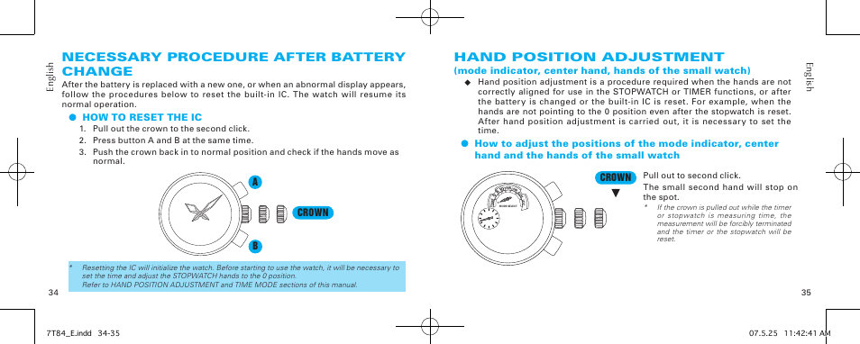 Hand position adjustment, Necessary procedure after battery change | Seiko 7T84 User Manual | Page 17 / 20