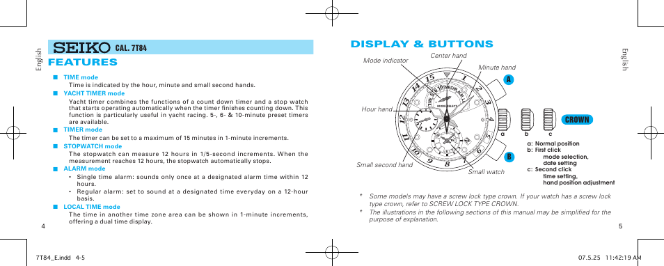 Features display & buttons | Seiko 7T84 User Manual | Page 2 / 20