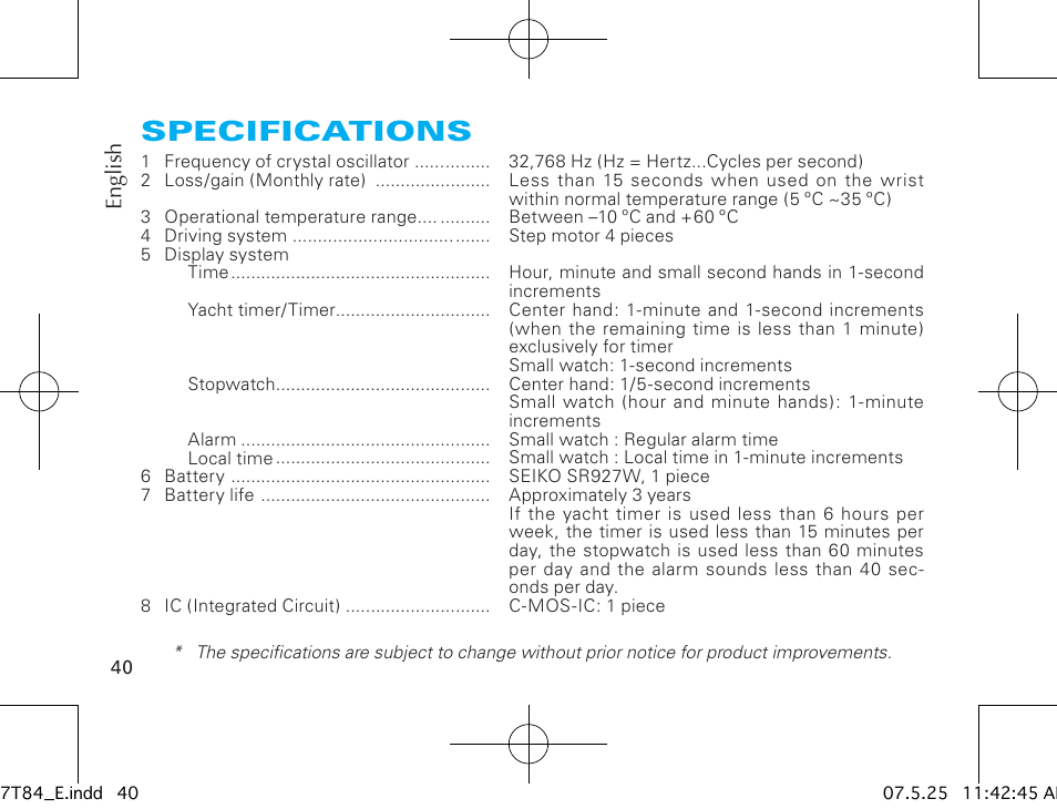 Specifications | Seiko 7T84 User Manual | Page 20 / 20