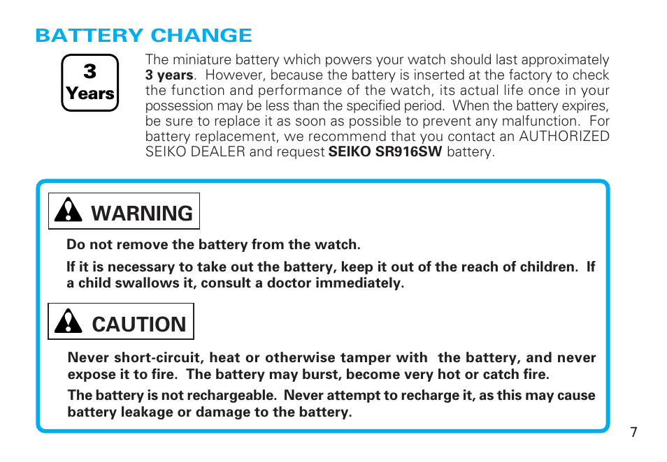 Battery change, Caution warning | Seiko 5Y89 User Manual | Page 7 / 8