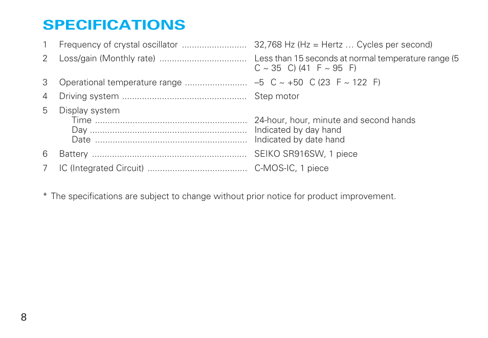 Specifications, English | Seiko 5Y89 User Manual | Page 8 / 8