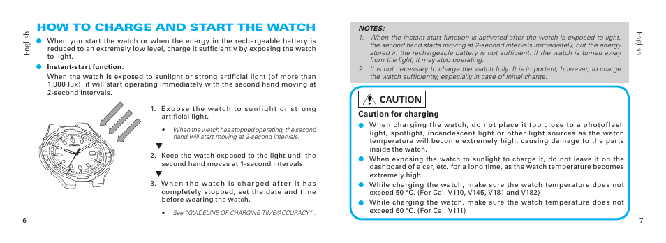 How to charge and start the watch, Caution | Seiko V181 User Manual | Page 2 / 6