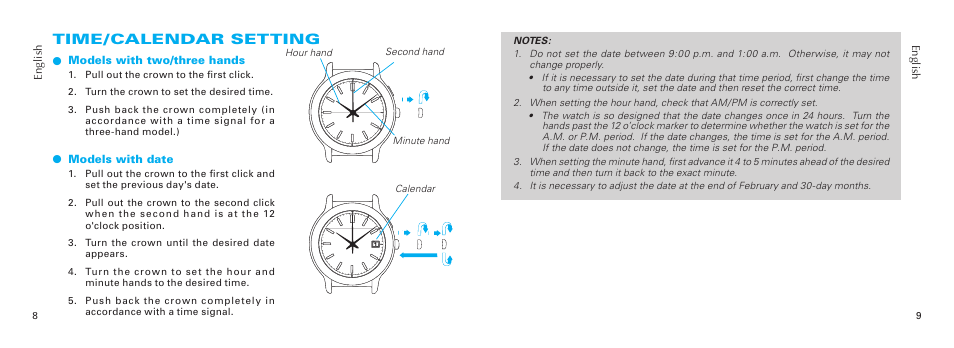 Time/calendar setting | Seiko V181 User Manual | Page 3 / 6