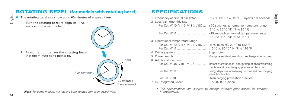 Rotating bezel (for models with rotating bezel), Specifications | Seiko V181 User Manual | Page 6 / 6