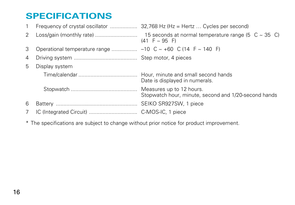Specifications, English | Seiko 7T92 User Manual | Page 16 / 16