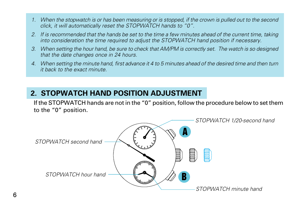 English, Stopwatch hand position adjustment | Seiko 7T92 User Manual | Page 6 / 16