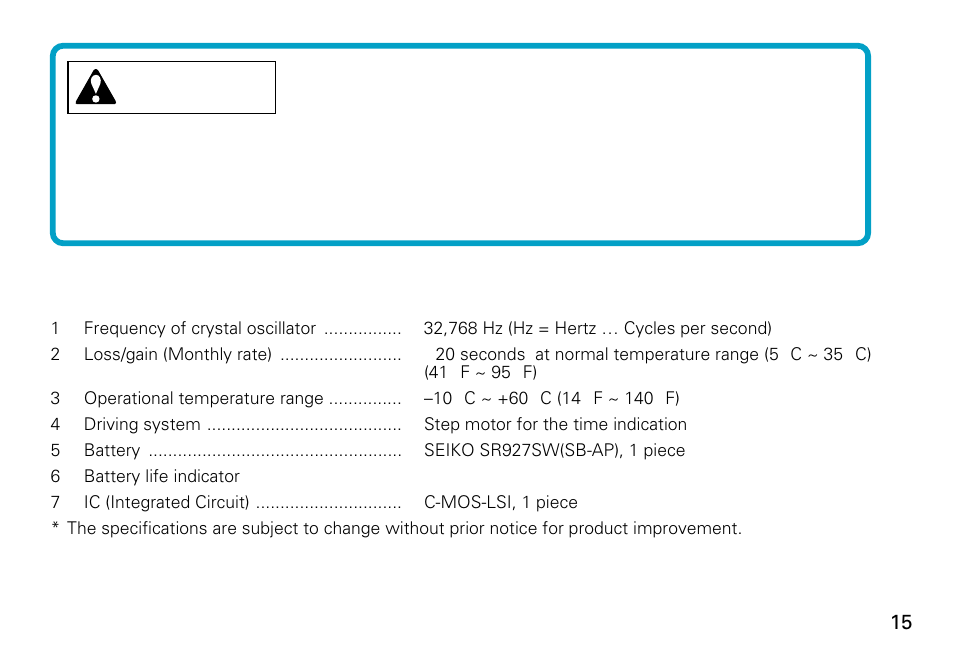 Caution, Specifications, English | Seiko CAL. 6A32 User Manual | Page 15 / 15