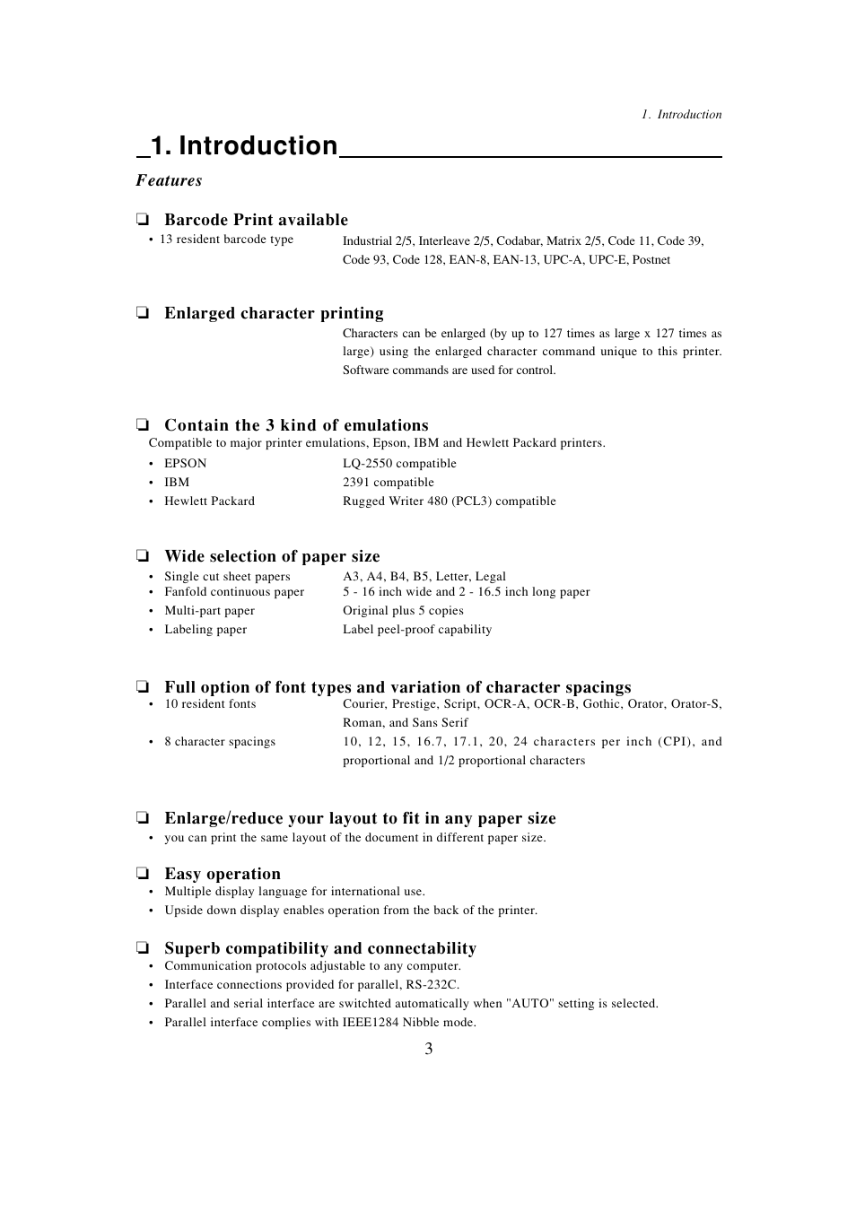 Introduction, Features, Features ❏ barcode print available | Enlarged character printing, Contain the 3 kind of emulations, Wide selection of paper size, Easy operation, Superb compatibility and connectability | Seiko BX-900 User Manual | Page 11 / 146