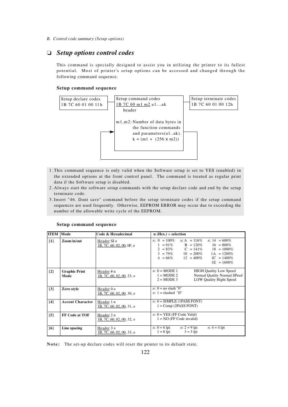Setup options control codes | Seiko BX-900 User Manual | Page 130 / 146