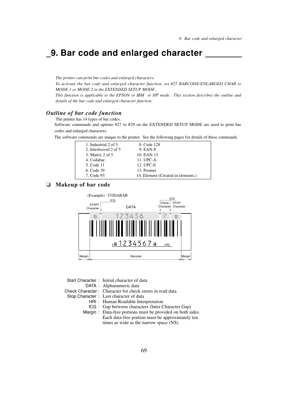 Bar code and enlarged character, Bar cord function, Outline of bar code function | Makeup of bar code, Bar code function | Seiko BX-900 User Manual | Page 77 / 146