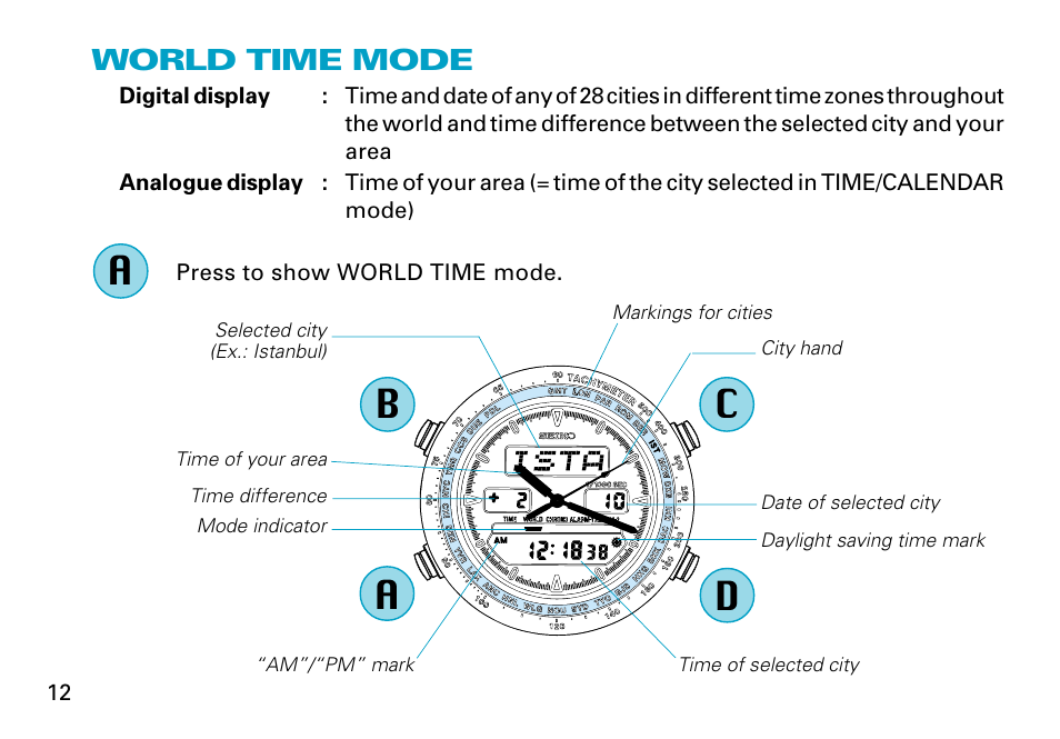 Ba c d, World time mode | Seiko H022 User Manual | Page 12 / 34