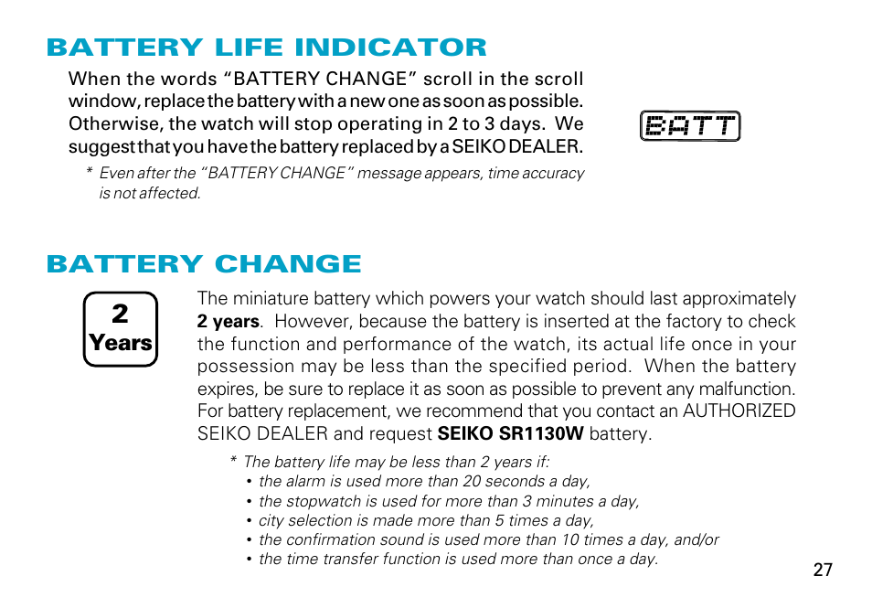 Battery life indicator, Battery change, Years | English | Seiko H022 User Manual | Page 27 / 34