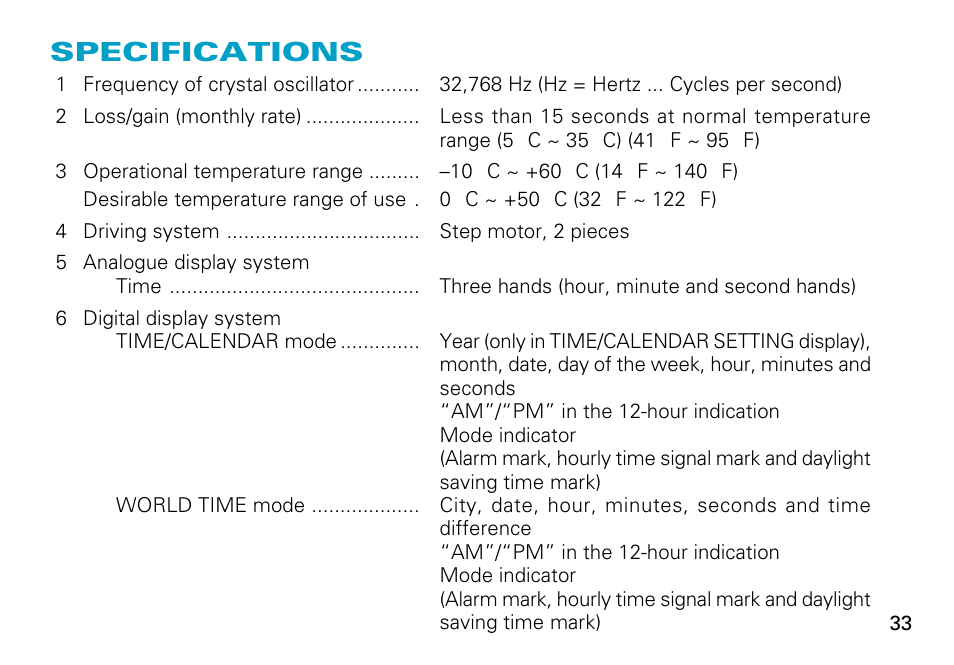 Specifications | Seiko H022 User Manual | Page 33 / 34